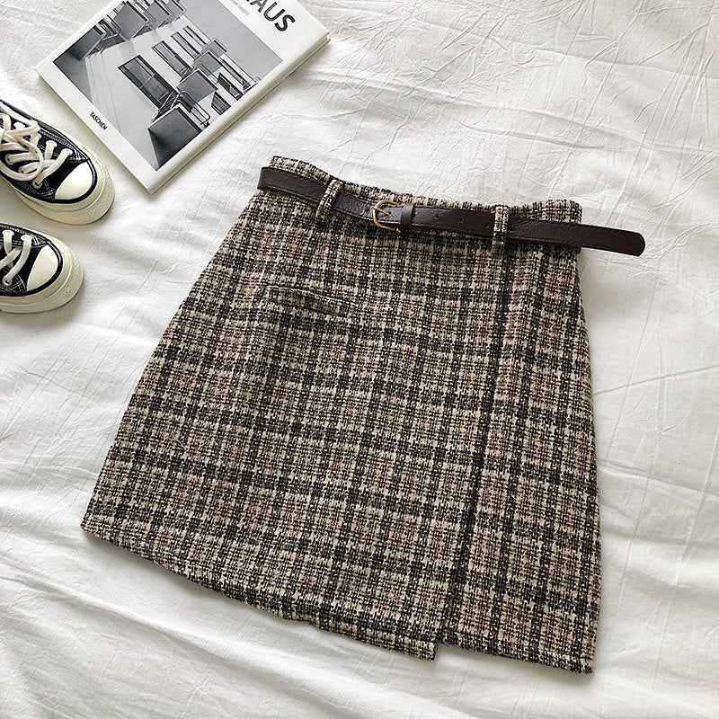 Irregular Lady Skirt Female Autumn Sweet High Waist A-line Mini Skirt Vintage Casual Women Plaid Skirt Chic Sashes